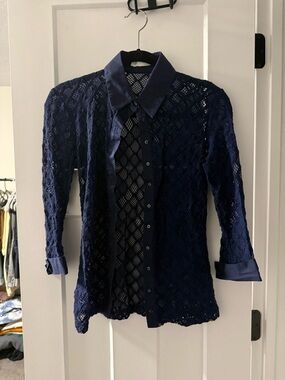 Anne Fontaine Navy Lace Button-Down with Satin Trim